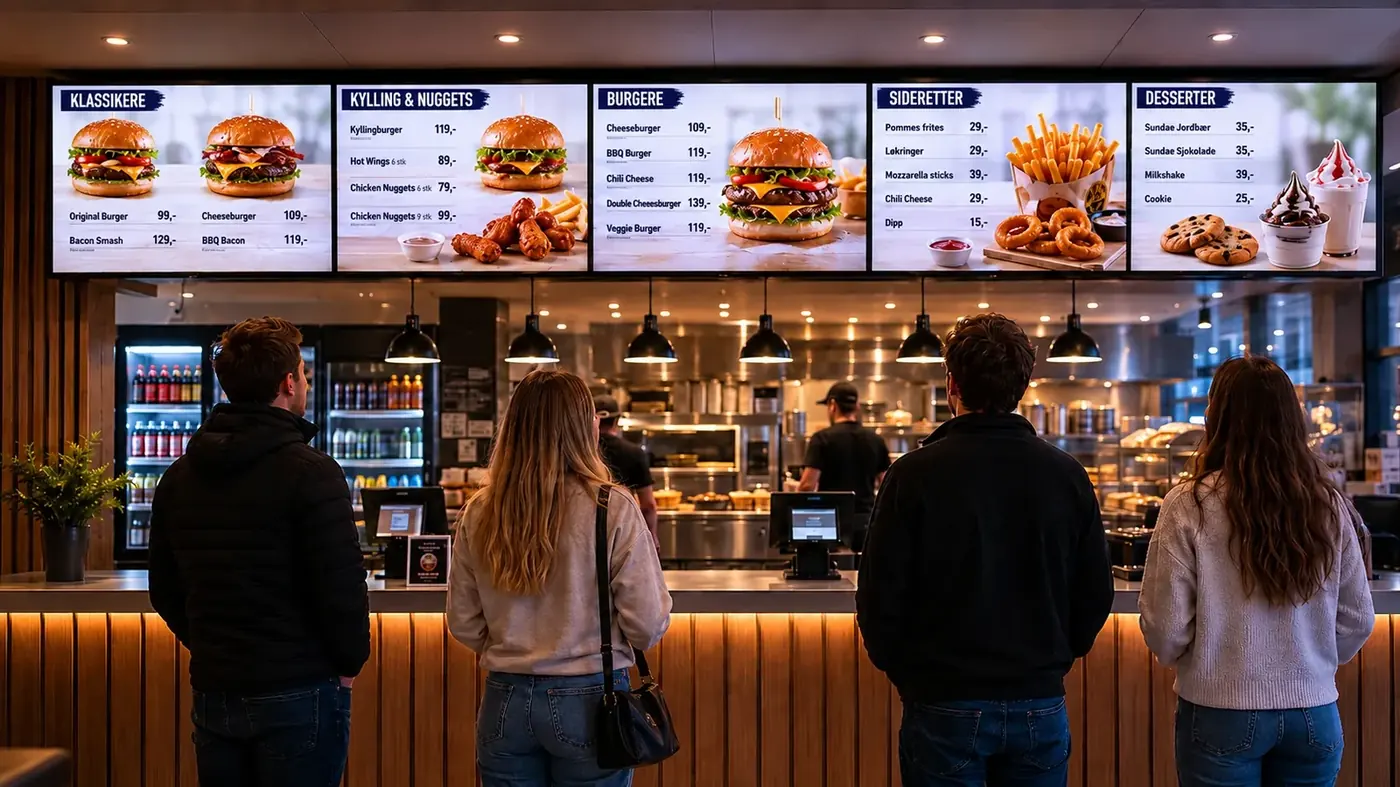 Kunder ser på digital meny-signage over kassen i restaurant