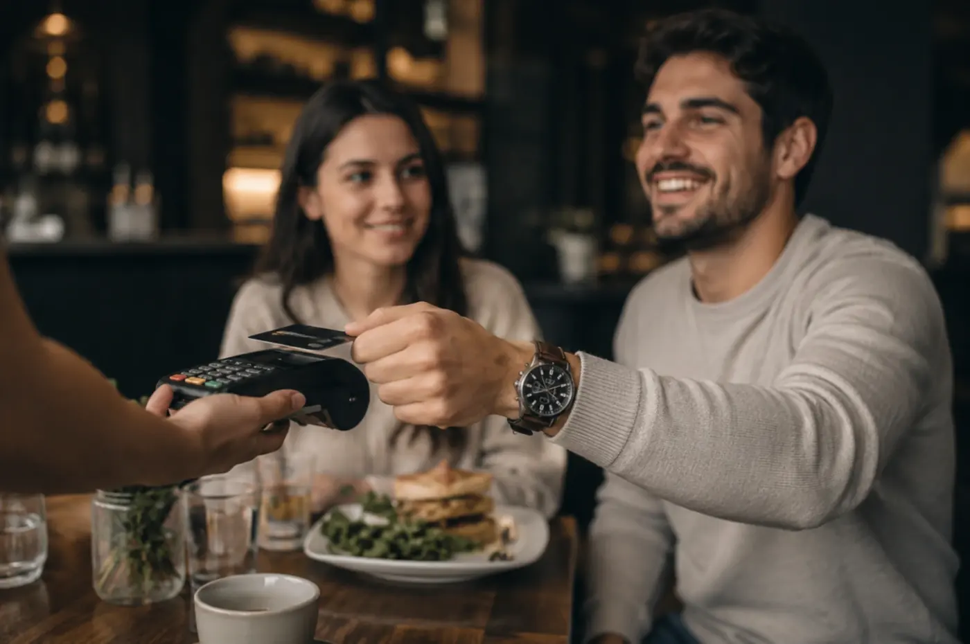 Gjest betaler kontaktløst med kort på trådløs betalingsterminal i restaurant — terminalen er koblet til AGI POS