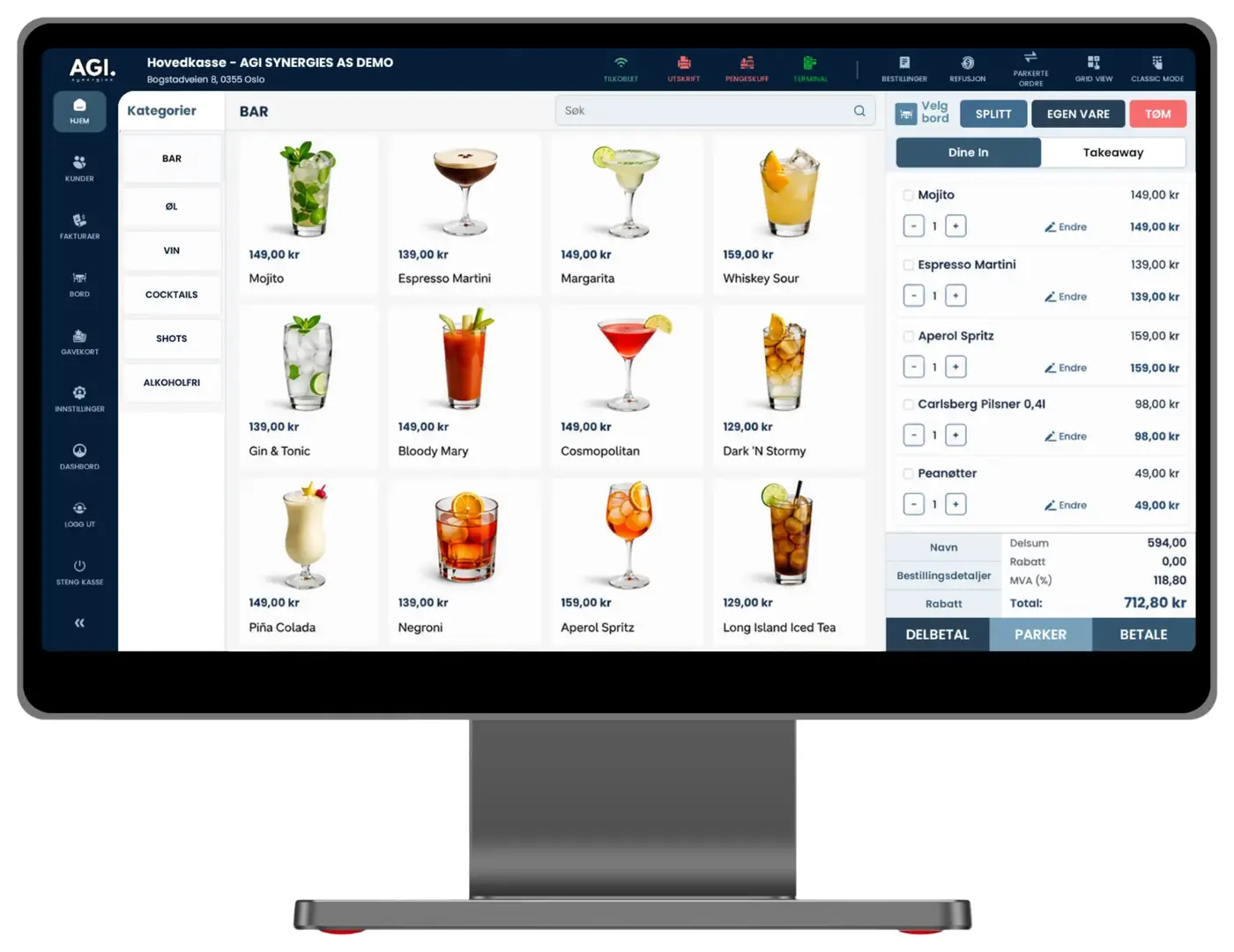 AGI POS kasseskjerm for bar med cocktails, øl og vin — åpen nota med splitt, parkér og betal