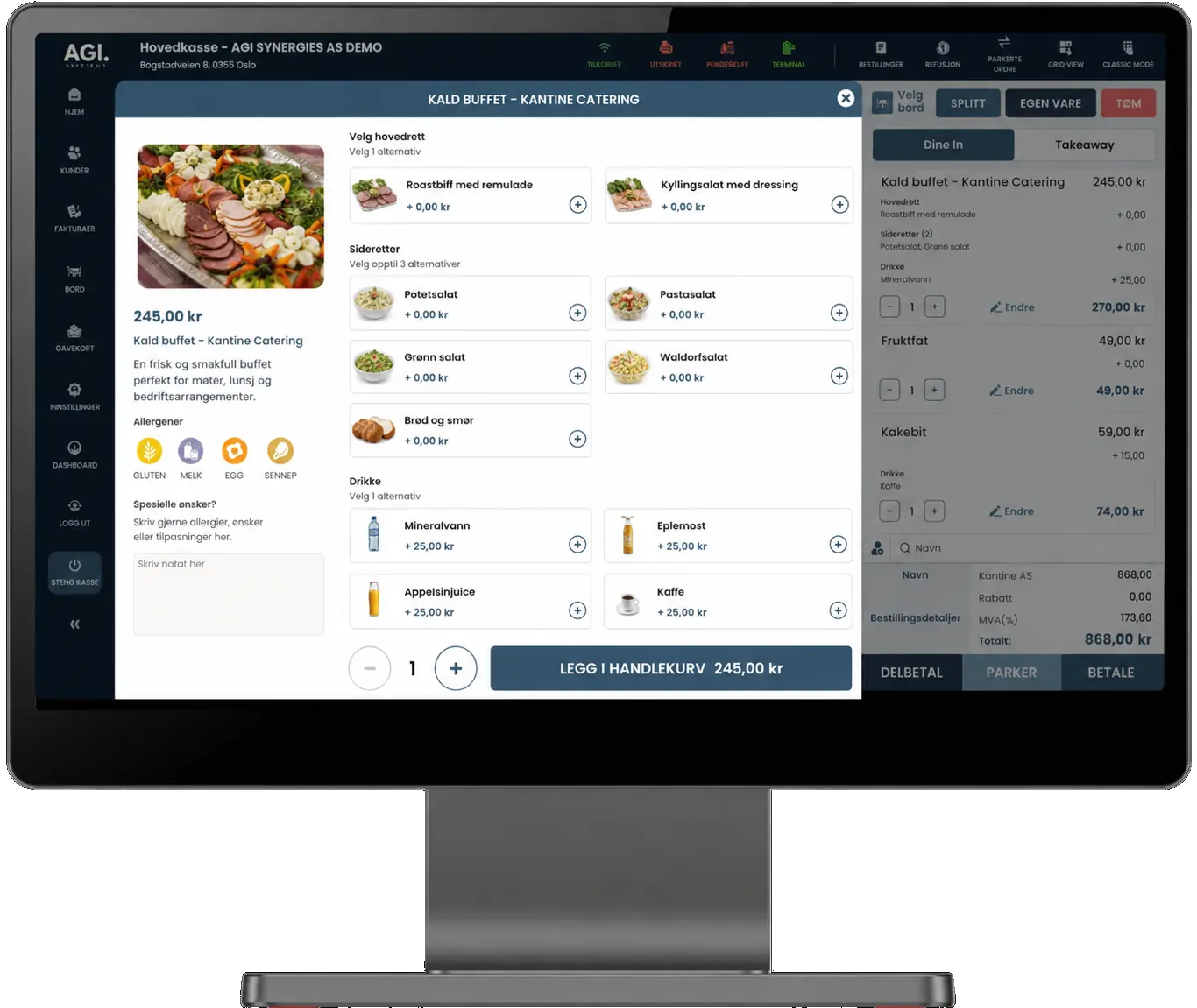 AGI POS kassesystem – kald buffet for catering med tilbehør og drikke