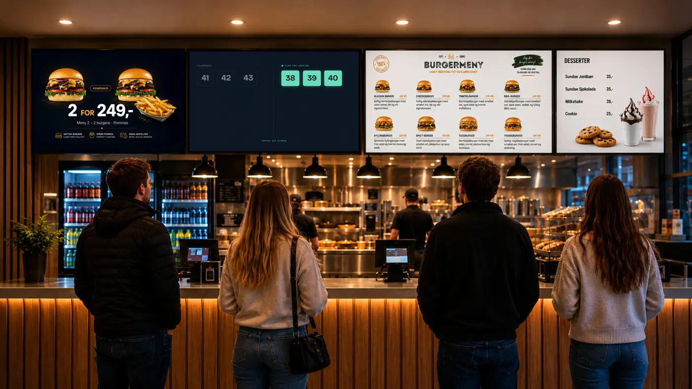 Gjester ved disken ser på AGI signage: menyboard, nummerskjerm og kampanjeflate over kassen