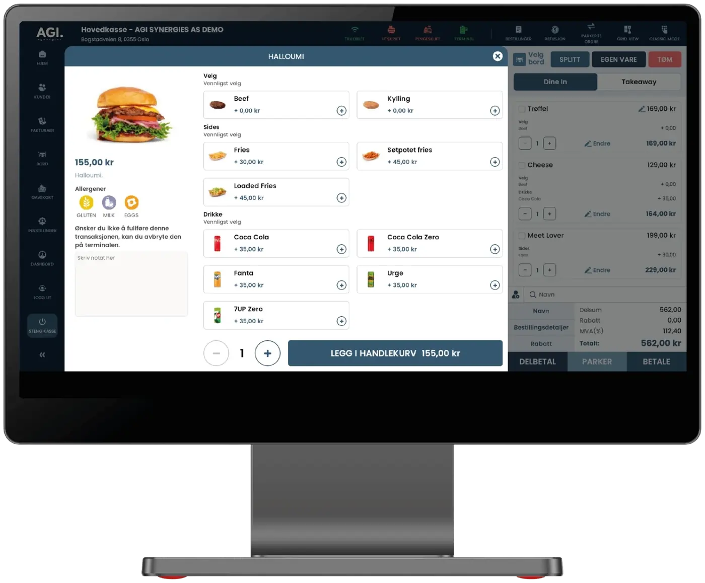AGI POS kassesystem — bestillingsskjerm med meny, tilvalg og handlekurv
