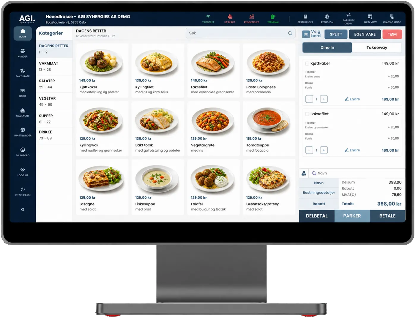 AGI POS kasseskjerm for kantine med dagens retter, varmmat og ordreoversikt