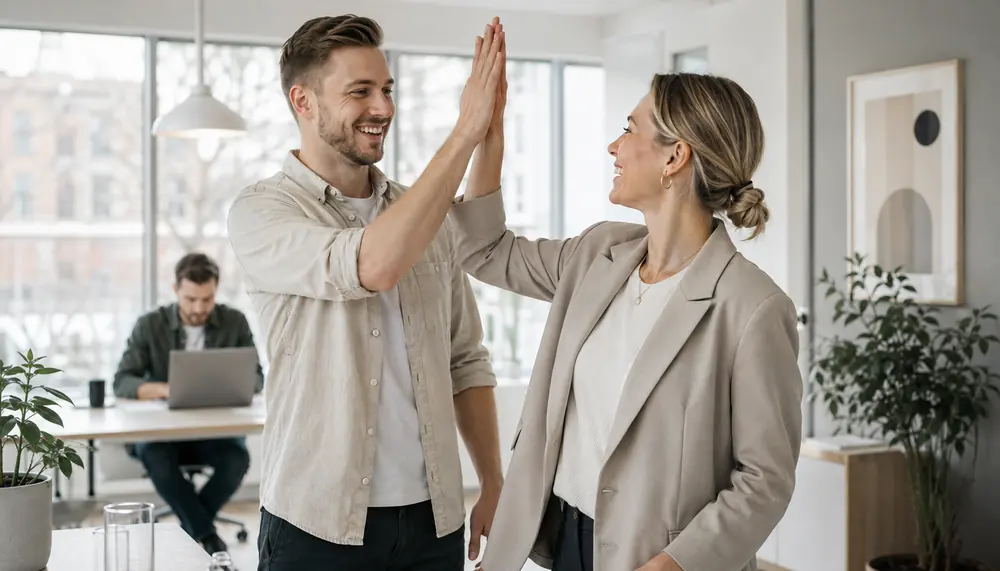 To kolleger gir hverandre high five på et kontor