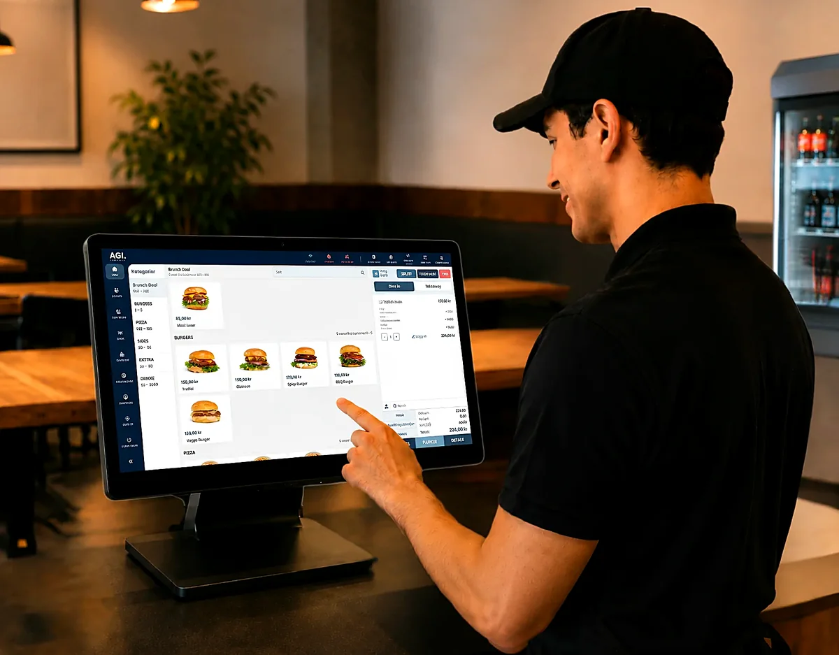 Ansatt tar imot bestilling på AGI POS touch-kasse i restaurant