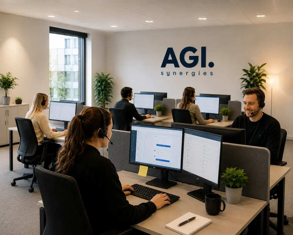 Supportarbeidsplasser med headset og AGI Synergies-logo på veggen