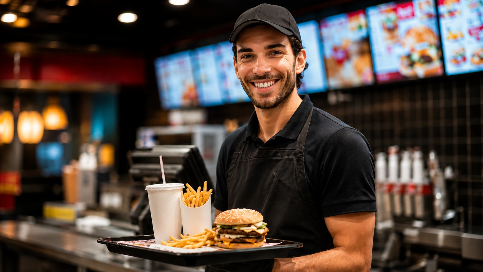 Smilende fast food-medarbeider bak disken med brett: burger, pommes frites og drikke